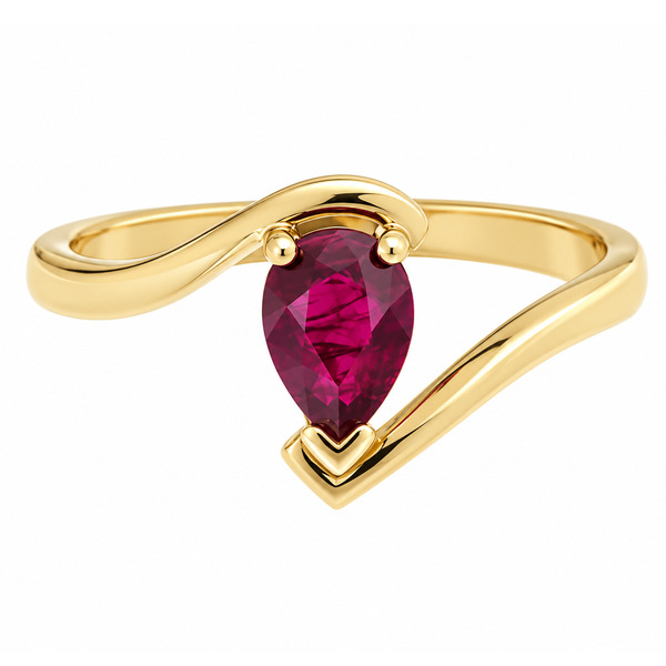 A modern crossover, wrap around style ring with a claw set solitaire pear cut shape ruby contemporary design designer platinum gold