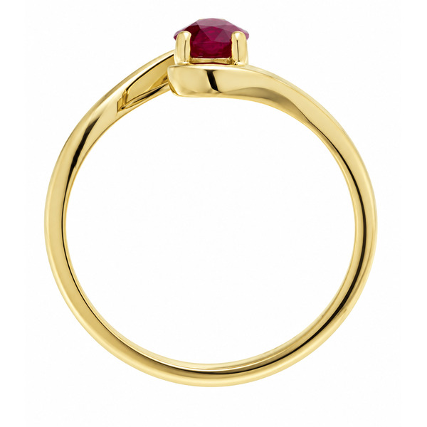 A modern crossover, wrap around style ring with a claw set solitaire pear cut shape ruby contemporary design designer platinum gold