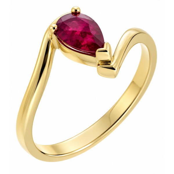 A modern crossover, wrap around style ring with a claw set solitaire pear cut shape ruby contemporary design designer platinum gold