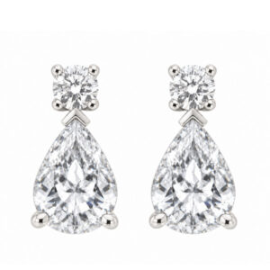 classic tear drop style earrings with pear shape cut diamonds emeralds with round brilliant cut diamond set in four claws platinum gold
