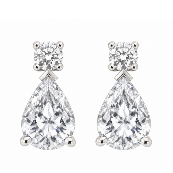 classic tear drop style earrings with pear shape cut diamonds emeralds with round brilliant cut diamond set in four claws platinum gold