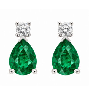 classic tear drop style earrings with pear shape cut green emerald emeralds with round brilliant cut diamond set in four claws platinum gold