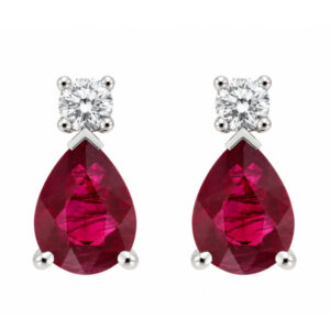 classic tear drop style earrings with pear shape cut rubies with round brilliant cut diamond set in four claws platinum gold