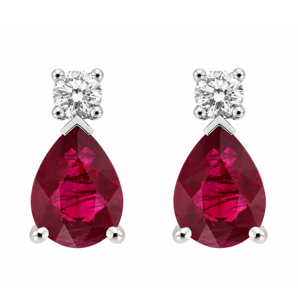 classic tear drop style earrings with pear shape cut rubies with round brilliant cut diamond set in four claws platinum gold
