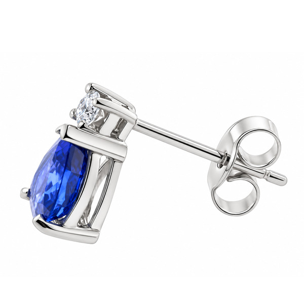 classic tear drop style earrings with pear shape cut blue sapphires with round brilliant cut diamond set in four claws platinum gold