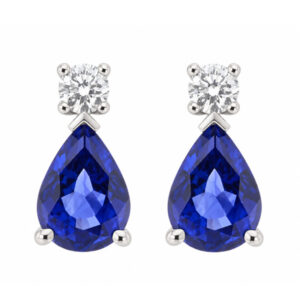 classic tear drop style earrings with pear shape cut blue sapphires with round brilliant cut diamond set in four claws platinum gold