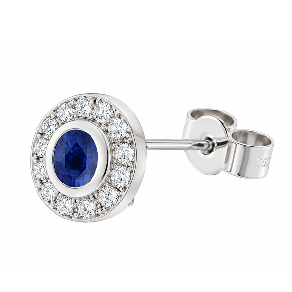 Classic cluster style earrings with a rubover set central round blue sapphire with a halo of grain set round brilliant cut diamonds platinum gold