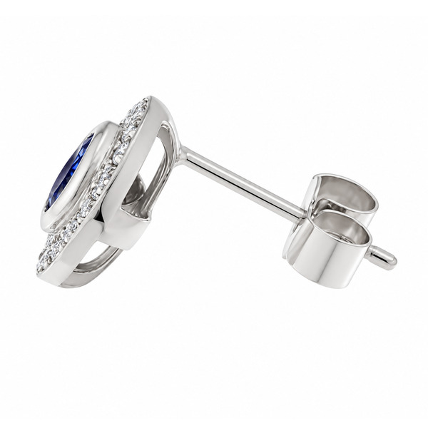 Classic cluster style earrings with a rubover set central round blue sapphire with a halo of grain set round brilliant cut diamonds platinum gold