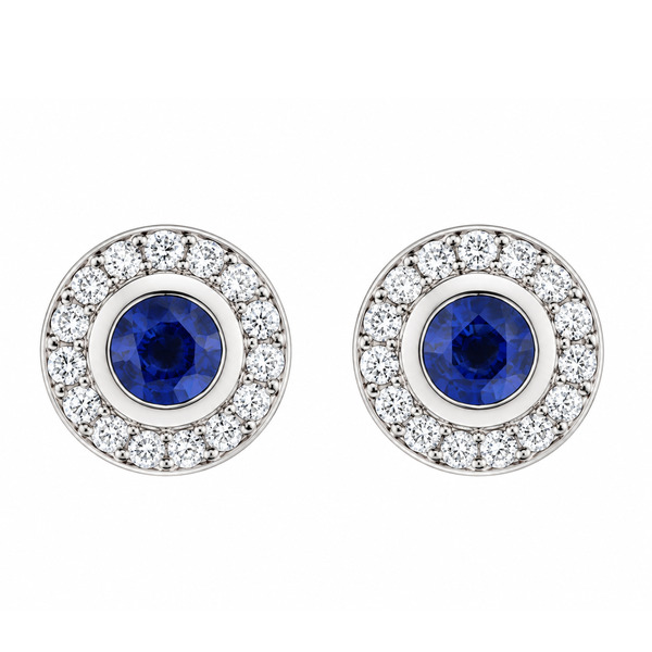 Classic cluster style earrings with a rubover set central round blue sapphire with a halo of grain set round brilliant cut diamonds platinum gold