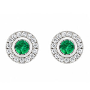 Classic cluster style earrings with a rubover set central round green emerald emeralds with a halo of grain set round brilliant cut diamonds platinum gold