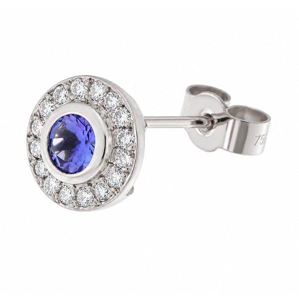 Classic cluster style earrings with a rubover set central round tanzanite tanzanites with a halo of grain set round brilliant cut diamonds platinum gold
