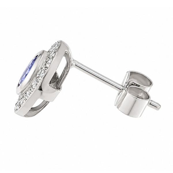 Classic cluster style earrings with a rubover set central round tanzanite tanzanites with a halo of grain set round brilliant cut diamonds platinum gold
