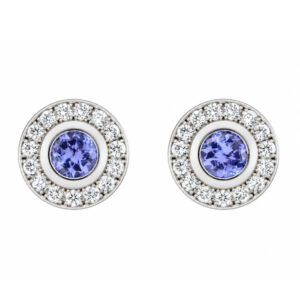 Classic cluster style earrings with a rubover set central round tanzanite tanzanites with a halo of grain set round brilliant cut diamonds platinum gold