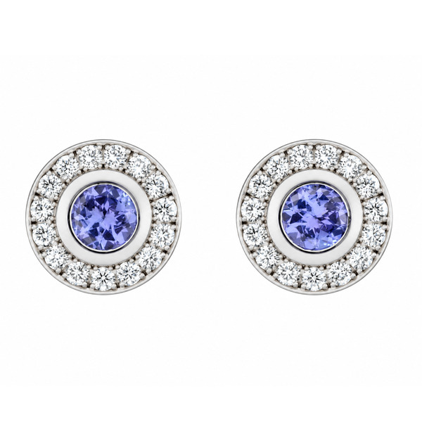 Classic cluster style earrings with a rubover set central round tanzanite tanzanites with a halo of grain set round brilliant cut diamonds platinum gold