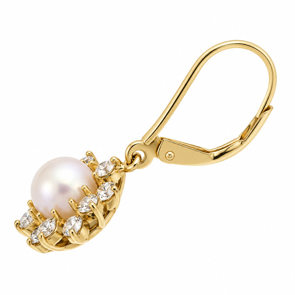 Classic round white freshwater cultured pearl cluster style earrings with a halo of grain set round brilliant cut diamonds floral petal design platinum gold