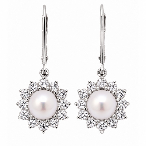 Classic Round White Pearl & Diamond Drop Style Cluster Earrings - Image 2