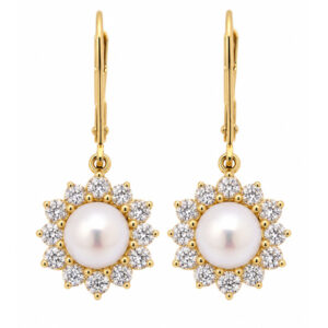 Classic round white freshwater cultured pearl cluster style earrings with a halo of grain set round brilliant cut diamonds floral petal design platinum gold