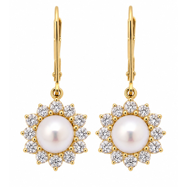 Classic round white freshwater cultured pearl cluster style earrings with a halo of grain set round brilliant cut diamonds floral petal design platinum gold