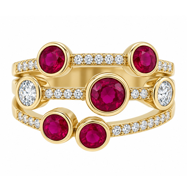 modern contemporary scatter style cluster ring with rubbed rubover over round Rubies brilliant cut diamonds diamond set shoulders platinum gold