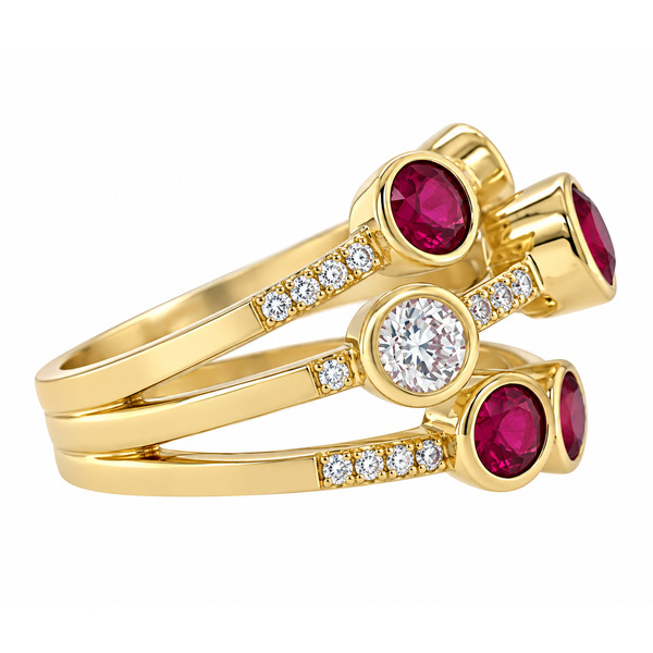modern contemporary scatter style cluster ring with rubbed rubover over round Rubies brilliant cut diamonds diamond set shoulders platinum gold