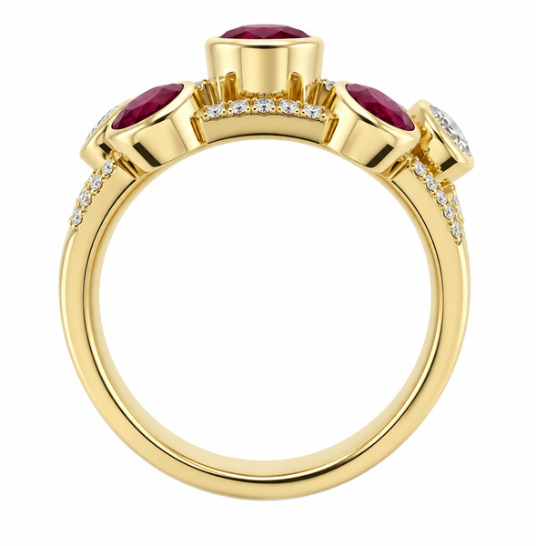 modern contemporary scatter style cluster ring with rubbed rubover over round Rubies brilliant cut diamonds diamond set shoulders platinum gold