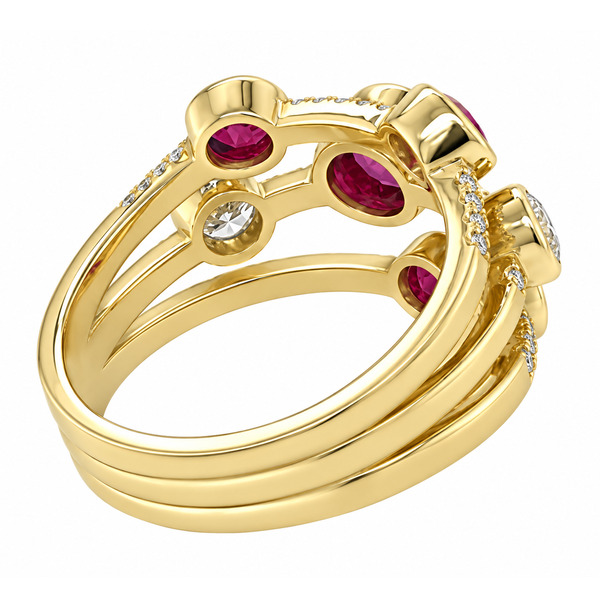 modern contemporary scatter style cluster ring with rubbed rubover over round Rubies brilliant cut diamonds diamond set shoulders platinum gold