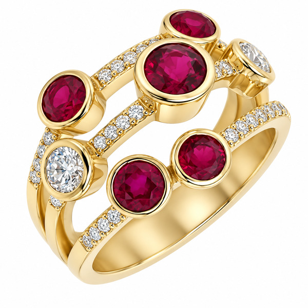 modern contemporary scatter style cluster ring with rubbed rubover over round Rubies brilliant cut diamonds diamond set shoulders platinum gold