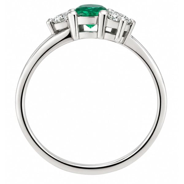 modern classic trilogy green emerald diamond ring set angle 3 three stone round brilliant cut diamonds four claw setting platinum gold