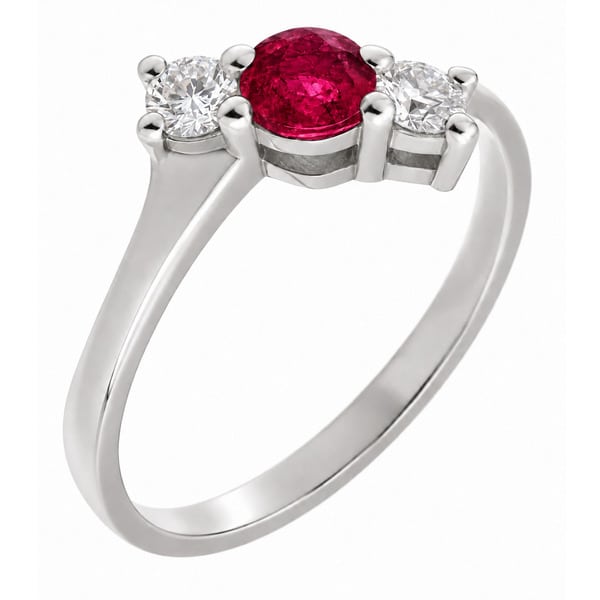 modern classic trilogy Ruby & diamond ring set angle 3 three stone round brilliant cut diamonds four claw setting platinum gold