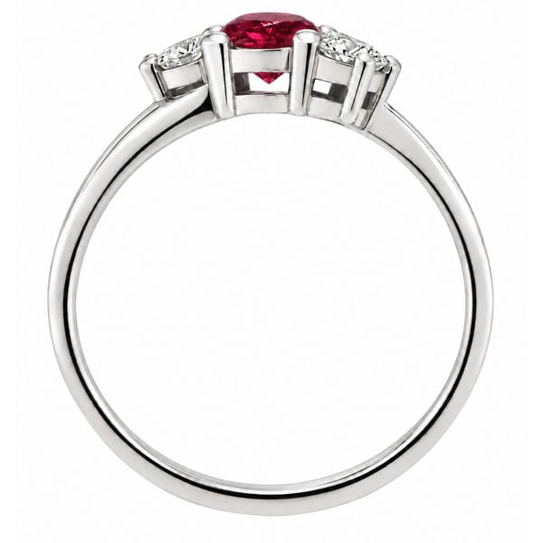 modern classic trilogy Ruby & diamond ring set angle 3 three stone round brilliant cut diamonds four claw setting platinum gold