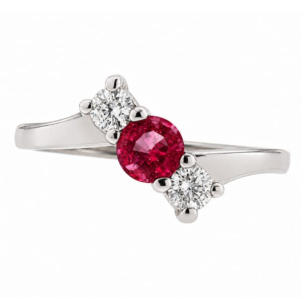 modern classic trilogy Ruby & diamond ring set angle 3 three stone round brilliant cut diamonds four claw setting platinum gold