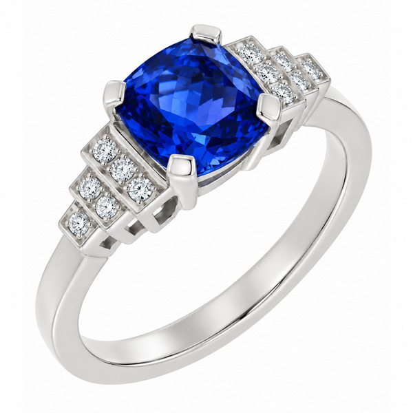 classic Art Deco style cluster ring with cushion shape cut centre blue sapphire grain set round brilliant cut diamonds set shoulders halo surround platinum gold