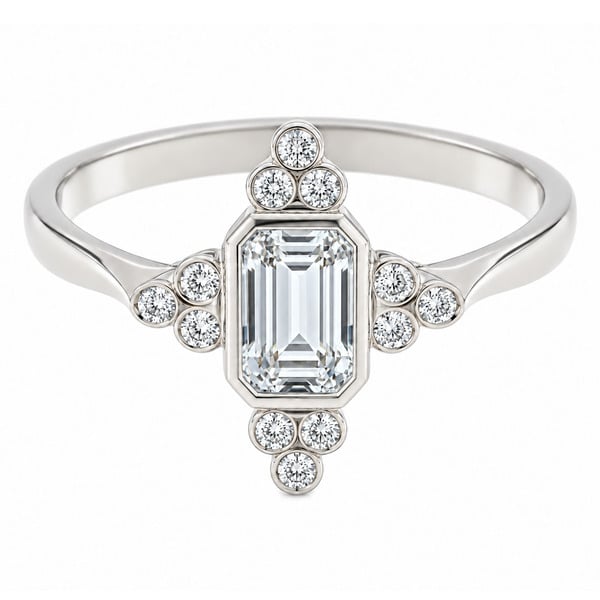 classic art deco cluster style ring with octagon shaped or emerald, step cut Diamond centre stone, trilogy clusters of round brilliant cut diamonds top bottom sides platinum gold