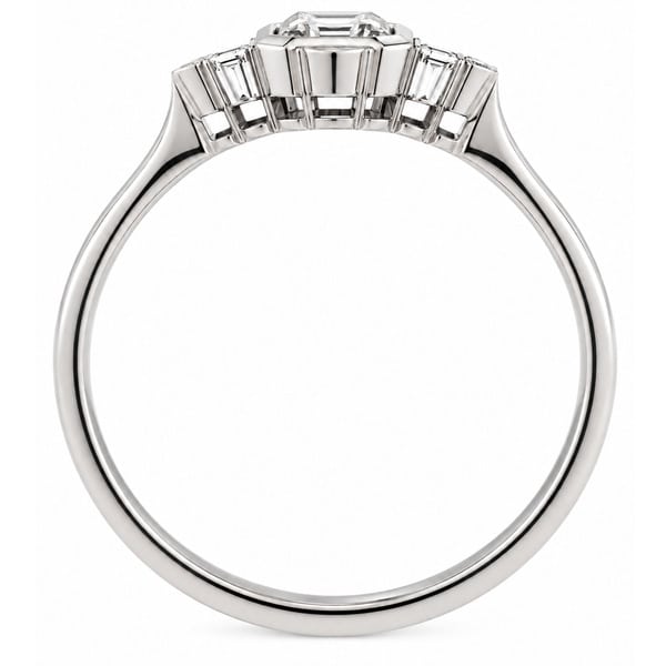 classic art deco cluster style ring with octagon shaped or emerald, step cut Diamond centre stone, trilogy clusters of round brilliant cut diamonds top bottom sides platinum gold