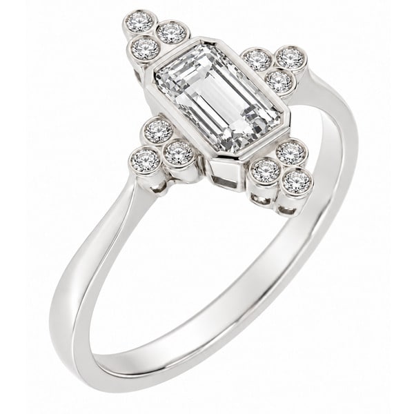 classic art deco cluster style ring with octagon shaped or emerald, step cut Diamond centre stone, trilogy clusters of round brilliant cut diamonds top bottom sides platinum gold