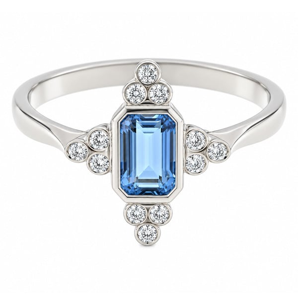 classic art deco cluster style ring with octagon shaped or emerald, step cut aqua aquamarine centre stone, trilogy clusters of round brilliant cut diamonds top bottom sides platinum gold