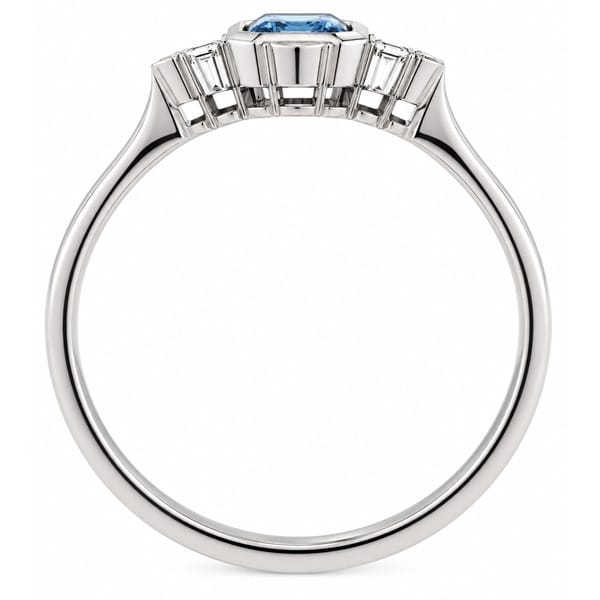classic art deco cluster style ring with octagon shaped or emerald, step cut aqua aquamarine centre stone, trilogy clusters of round brilliant cut diamonds top bottom sides platinum gold