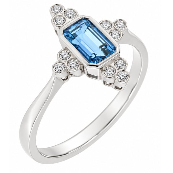 classic art deco cluster style ring with octagon shaped or emerald, step cut aqua aquamarine centre stone, trilogy clusters of round brilliant cut diamonds top bottom sides platinum gold
