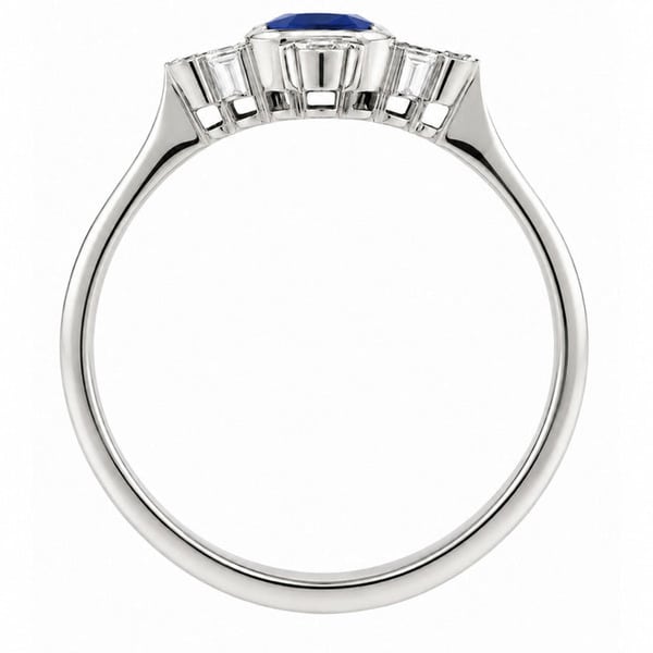 classic art deco cluster style ring with octagon shaped or emerald, step cut blue sapphire centre stone, trilogy clusters of round brilliant cut diamonds top bottom sides platinum gold