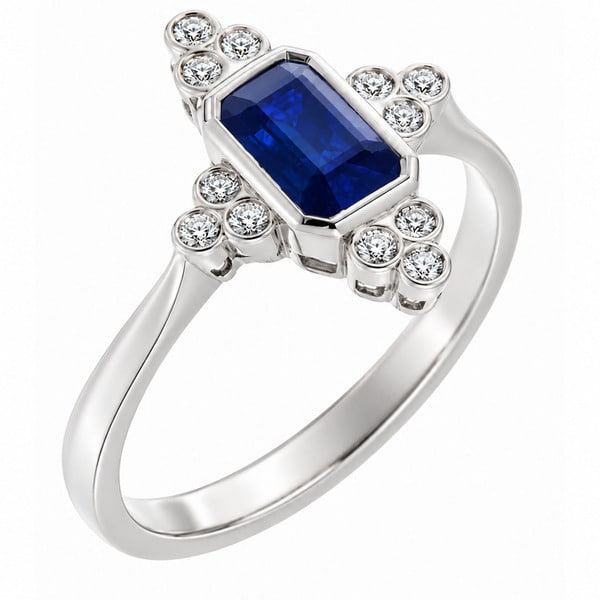 classic art deco cluster style ring with octagon shaped or emerald, step cut blue sapphire centre stone, trilogy clusters of round brilliant cut diamonds top bottom sides platinum gold