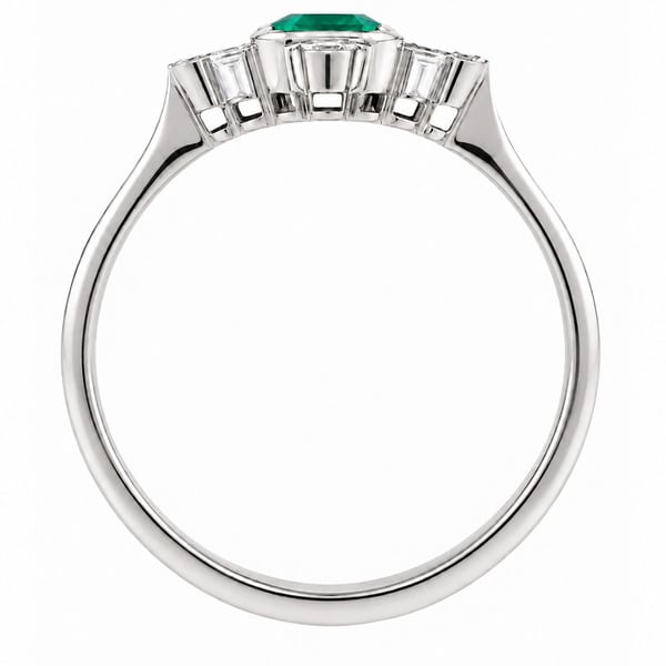 classic art deco cluster style ring with octagon shaped or emerald, step cut green emerald centre stone, trilogy clusters of round brilliant cut diamonds top bottom sides platinum gold