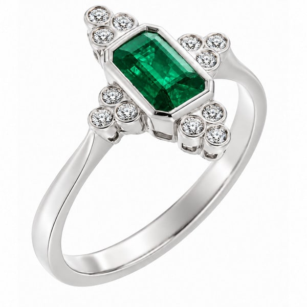 classic art deco cluster style ring with octagon shaped or emerald, step cut green emerald centre stone, trilogy clusters of round brilliant cut diamonds top bottom sides platinum gold