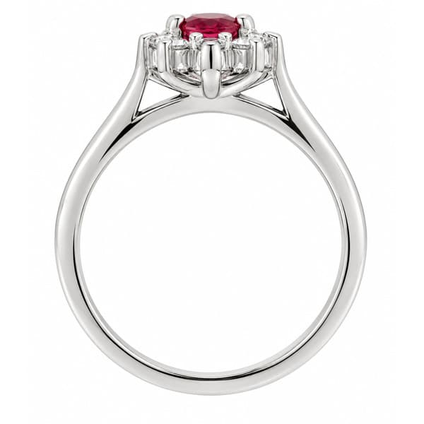 classic art deco cluster style ring with octagon shaped or emerald, step cut ruby centre stone, trilogy clusters of round brilliant cut diamonds top bottom sides platinum gold