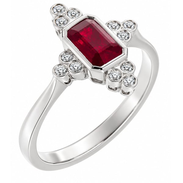 classic art deco cluster style ring with octagon shaped or emerald, step cut ruby centre stone, trilogy clusters of round brilliant cut diamonds top bottom sides platinum gold