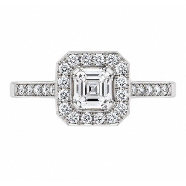 classic 1920's Art Deco style Asscher cut diamond halo cluster ring with four claw setting to the main centre diamonds platinum gold