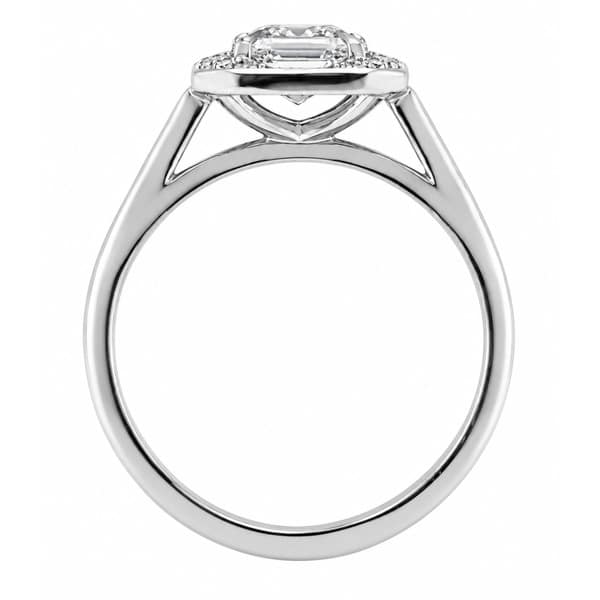 classic 1920's Art Deco style Asscher cut diamond halo cluster ring with four claw setting to the main centre diamonds platinum gold