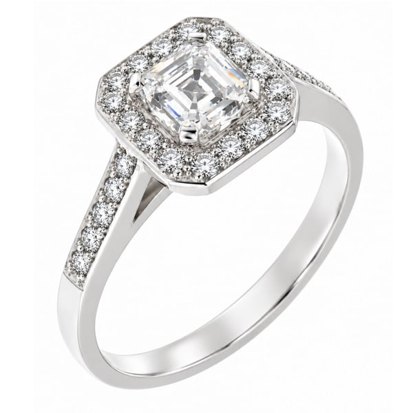 classic 1920's Art Deco style Asscher cut diamond halo cluster ring with four claw setting to the main centre diamonds platinum gold