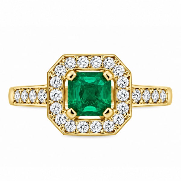 Classic 1920's Art Deco style square octagon cut shape green emerald halo cluster ring with four claw setting to the main centre diamonds platinum gold