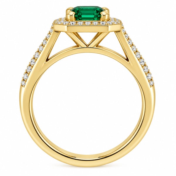 Classic 1920's Art Deco style square octagon cut shape green emerald halo cluster ring with four claw setting to the main centre diamonds platinum gold