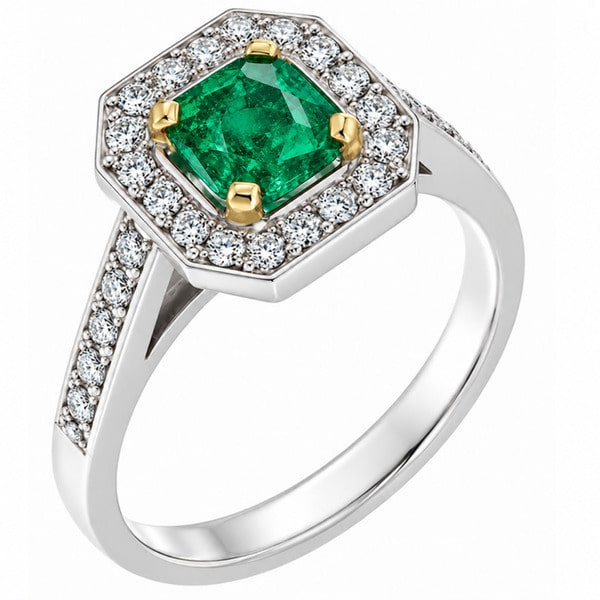 Classic 1920's Art Deco style square octagon cut shape green emerald halo cluster ring with four claw setting to the main centre diamonds platinum gold